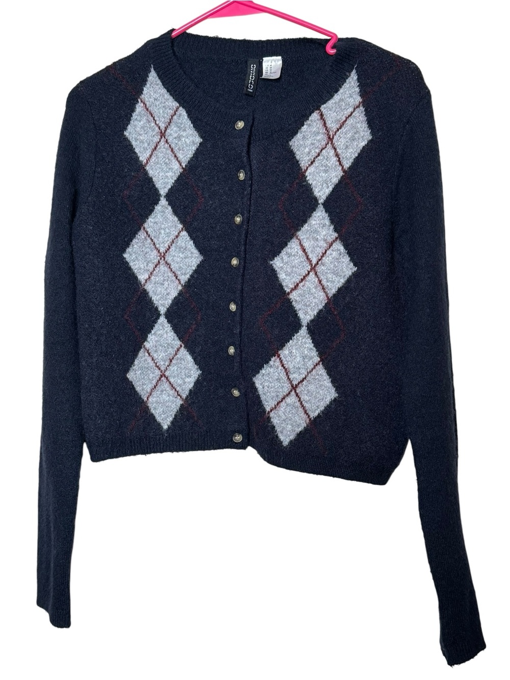 H&M Navy Cardigan with Gray Argyle and Burgundy Accents Size M  Wool Blend